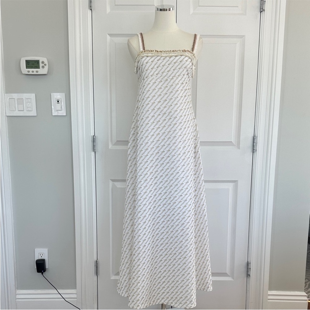 NWT PHO Firenze Italy White Gold Metalic Lurex Seashells Fringe B2B Dress SizeXS